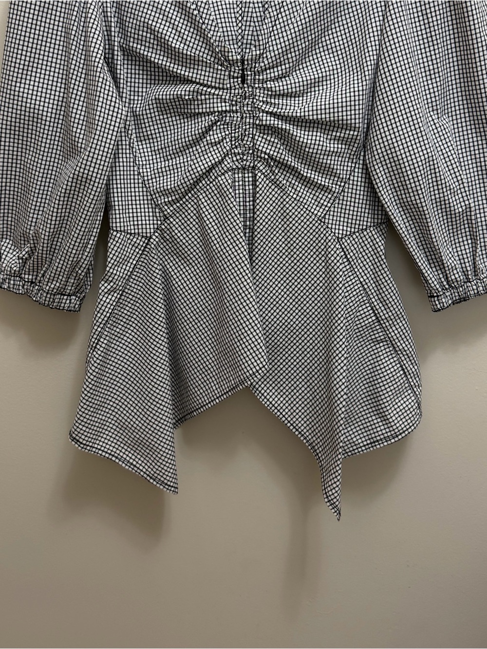 Proenza Schouler White Label Top Puff Sleeve  Handkerchief Hem Gingham Black - Picture 6 of 10